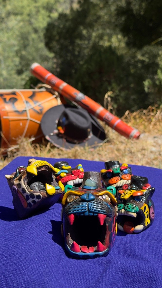Collection of handcrafted Ceremonial Jaguar Whistles with unique artisan designs