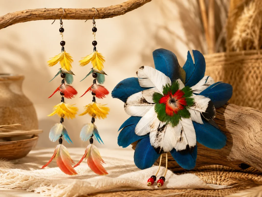 Handcrafted ancestral earrings with decorative beads and traditional-inspired details