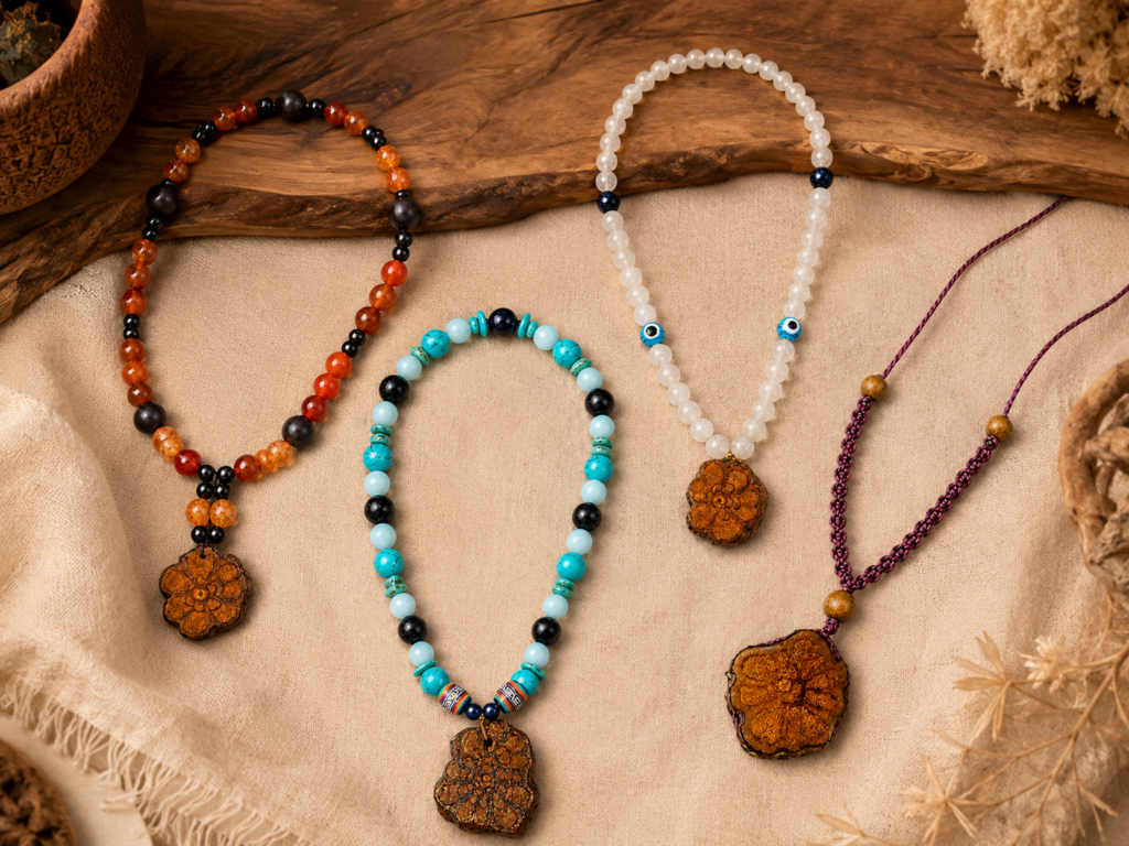 Handcrafted Ayahuasca necklaces with natural beads, woven cords, and artisan pendants