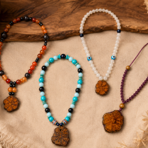 Handcrafted Ayahuasca necklaces with natural beads, woven cords, and artisan pendants