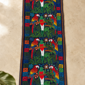 Embroidered Tapestry with four colorful bird and botanical panels, geometric borders and navy-blue fringes.