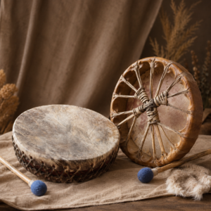 Handcrafted ceremonial shamanic drum with wooden frame and traditional lacing