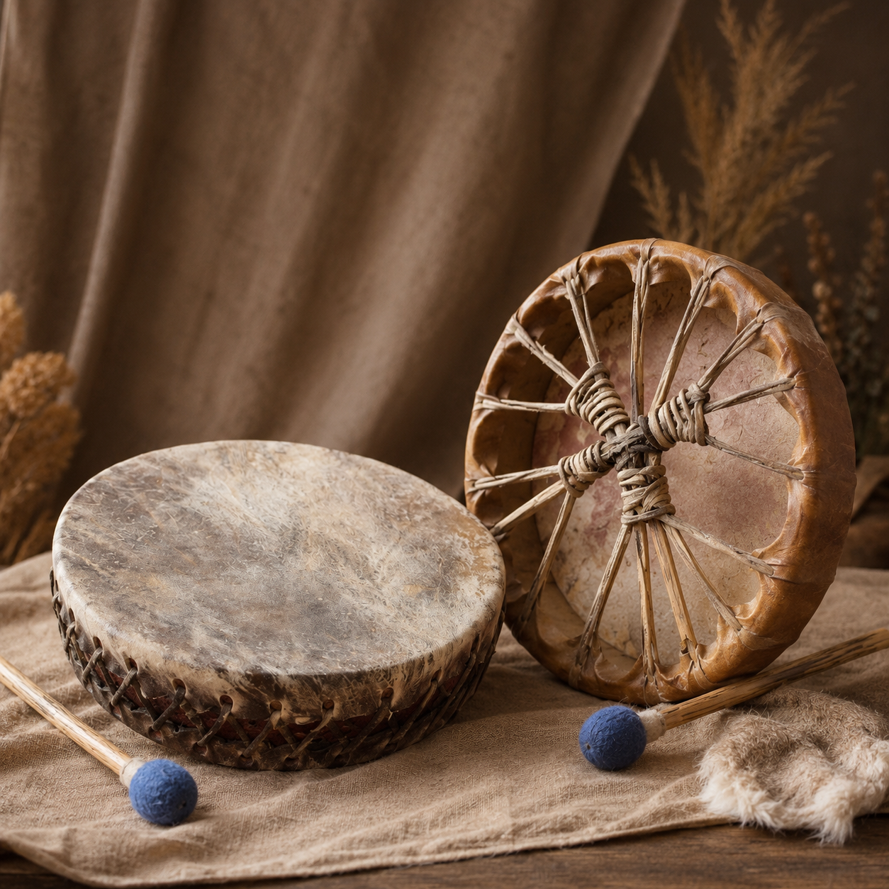 Handcrafted ceremonial shamanic drum with wooden frame and traditional lacing