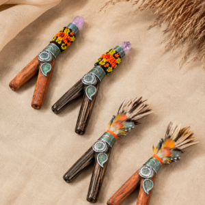 Handcrafted Kuripe self-applicator with artisan beadwork and natural wood