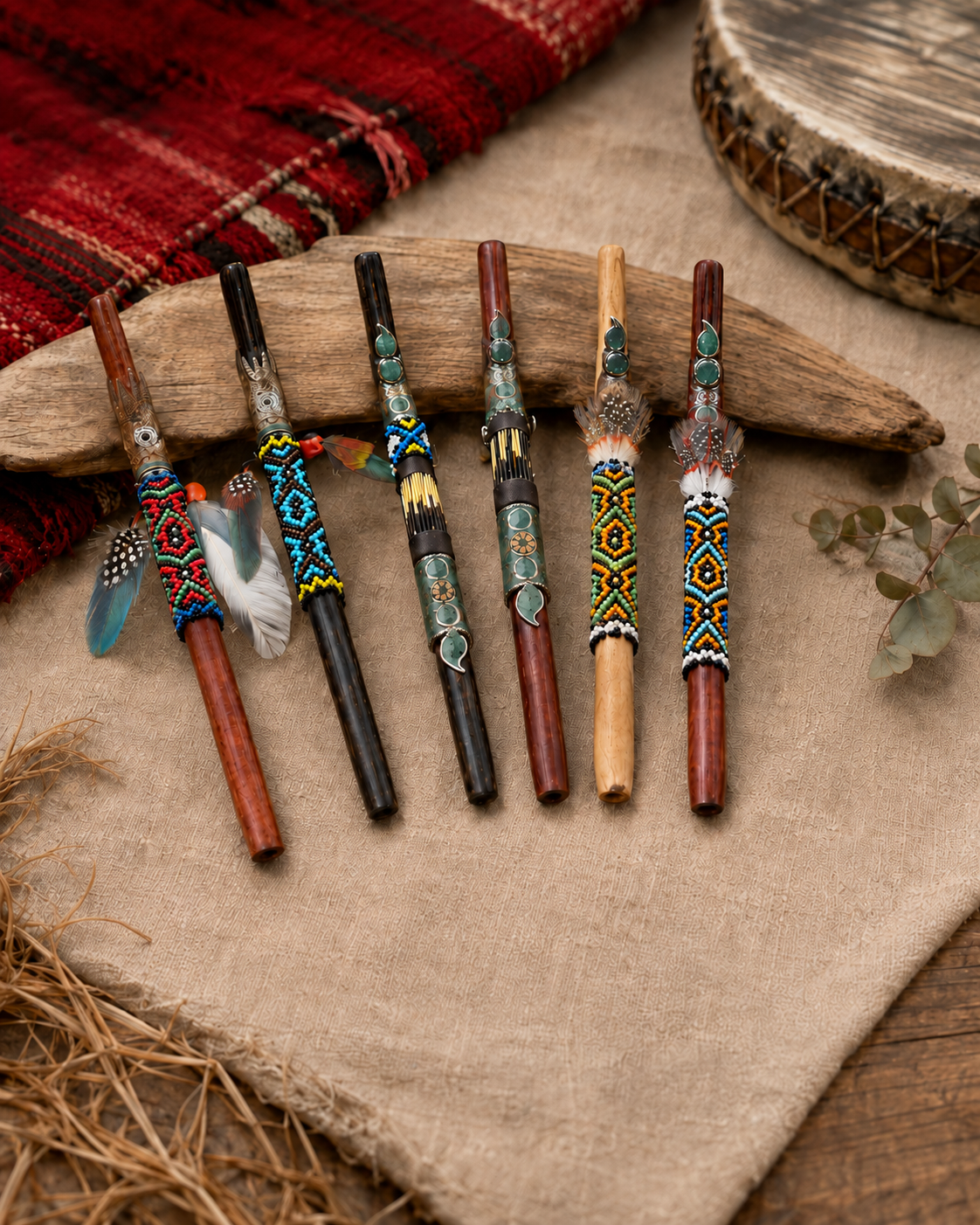 Handcrafted Tepi applicators with carved ceremonial details