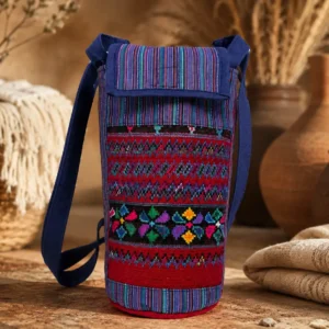 Handwoven textile water bottle holder with colorful embroidered patterns and navy blue fabric