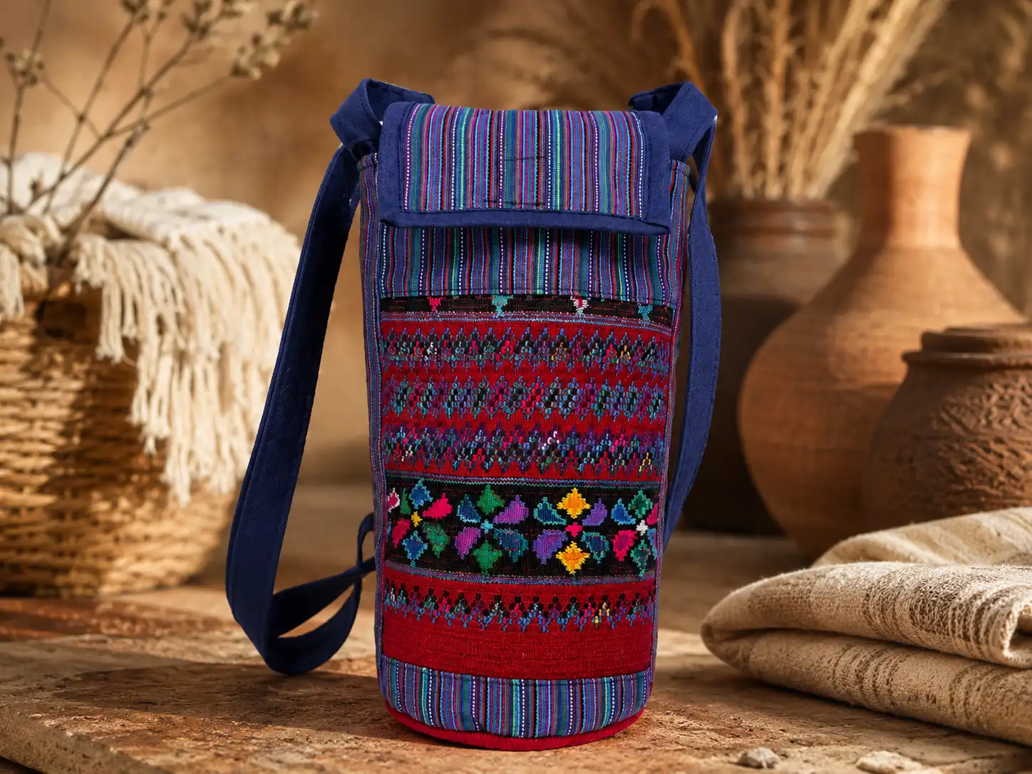 Handwoven textile water bottle holder with colorful embroidered patterns and navy blue fabric